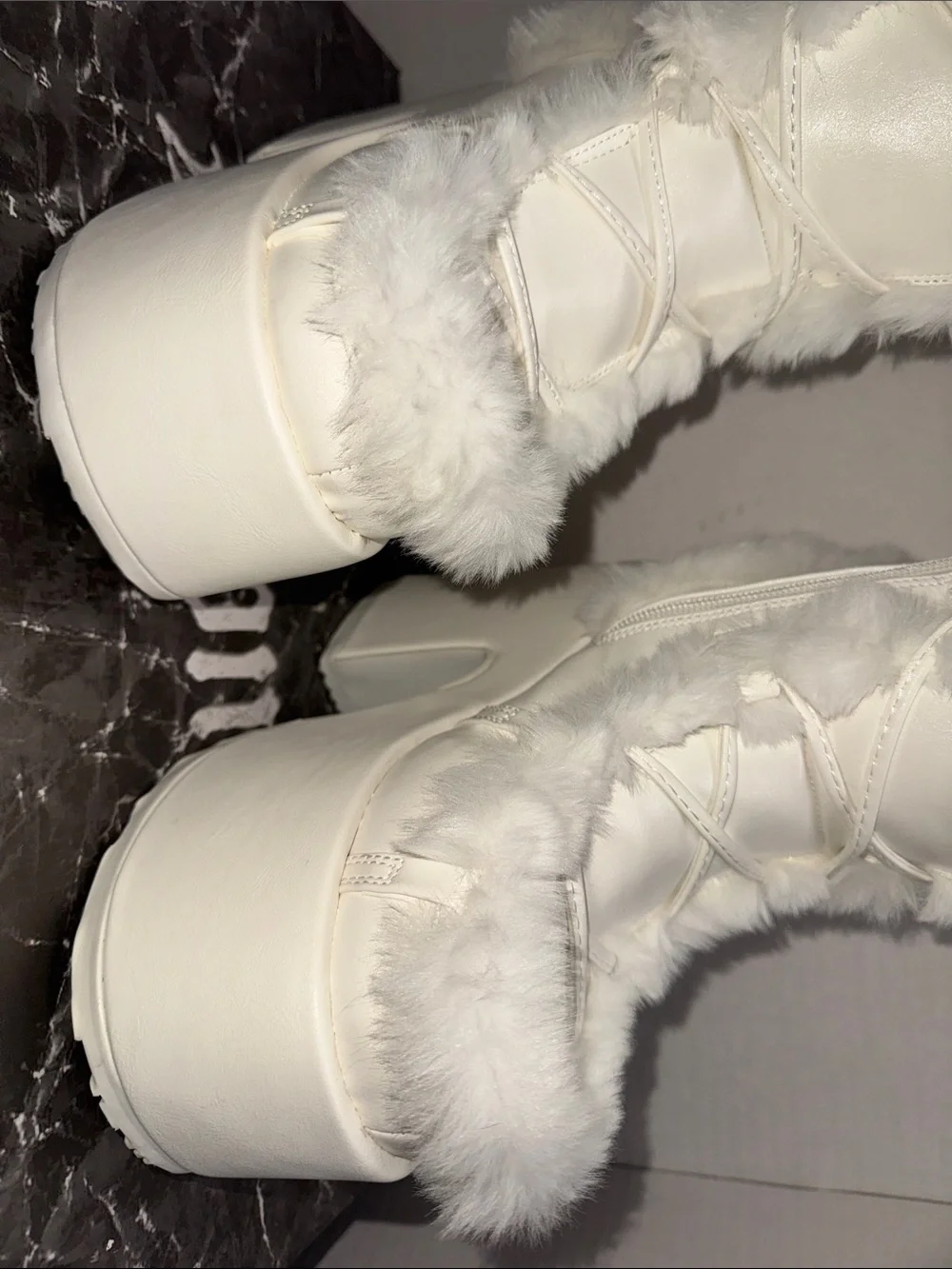 Demonia White Faux-Fur Lace-Up Platform Knee-High Boots with box